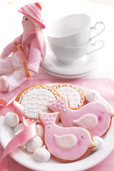 Fototapeta na wymiar Delicious baby shower cookies, closeup