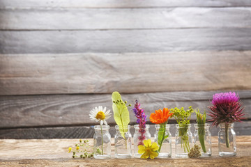 Different healing flowers in small glass bottles on wooden background