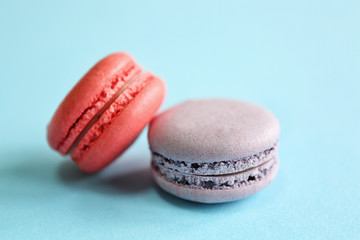 Tasty macaroons on light blue background