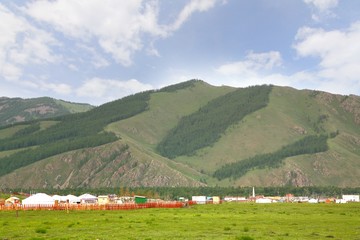 Fototapeta na wymiar The ger camp in a large meadow at Ulaanbaatar , Mongolia