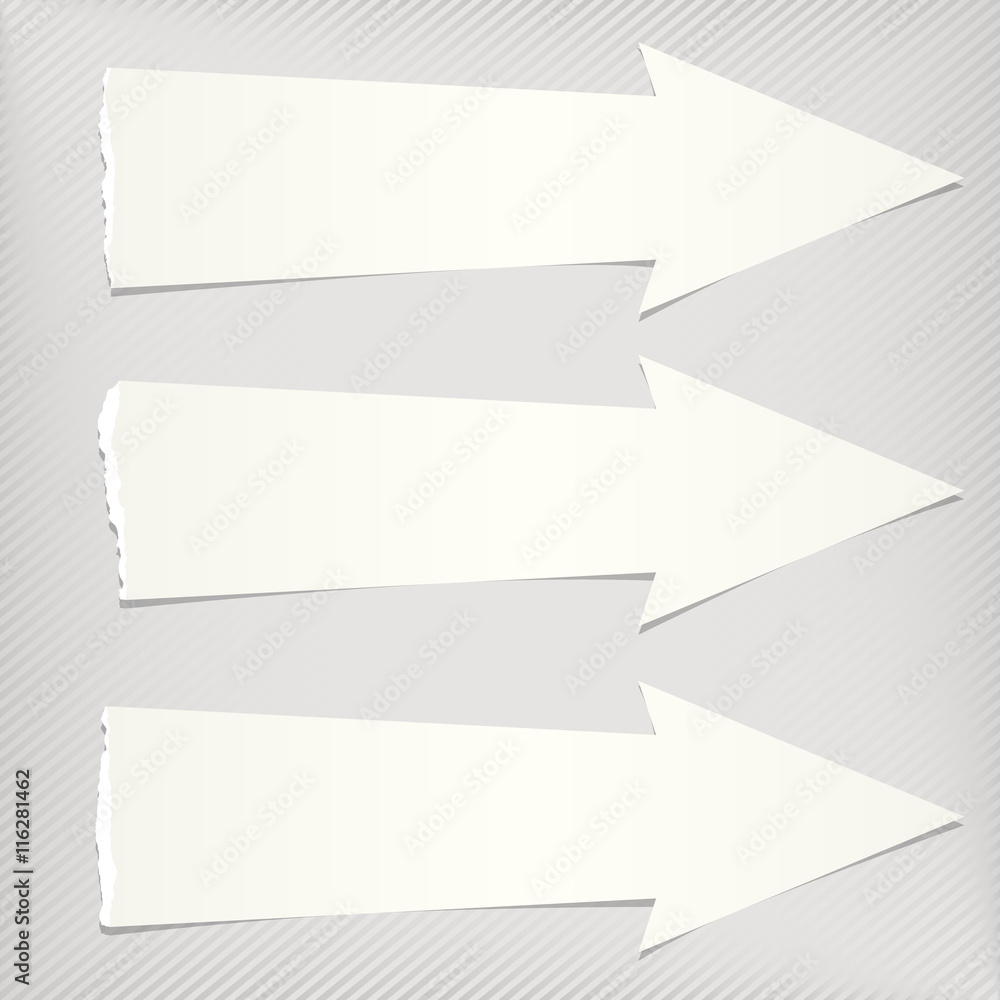 Poster white ripped paper arrows with shadow are on gray diagonal background