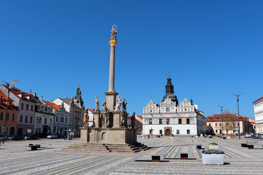 Stribro renaissance square with town hall and Marian and Holy Trinity columns. Stribro (Silver) is historical town in West Bohemia, Czech Republic, Europe.