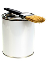 Paint can with blank white label and paintbrush isolated