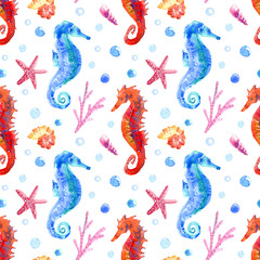 Seahorse, shell, starfish, coral and bubbles seamless pattern.Underwater world image on a white background.Watercolor hand drawn illustration.