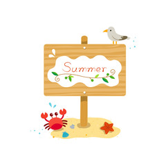 Fototapeta premium Summer wooden sign with crab,starfish,seagull in the beach
