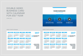 Double-sided business card template with calendar for 2017 year. Week starts Monday. Week starts Sunday. Landscape orientation. Vector Illustration