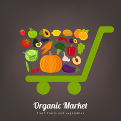 Shopping basket with fruits and vegetables icons. Organic food concept. Vector