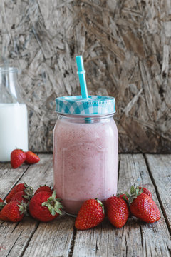 Strawberry milkshake in the glass jar