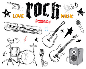 Music Instruments Set. Hand Drawn Sketch, Vector Illustration Isolated.