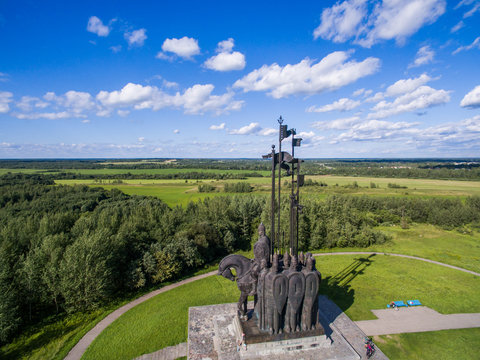 Aerial view The monument of Aleksandr Nevskiy in Pskov Russia