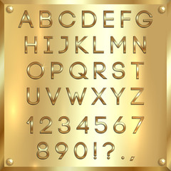 Vector golden coated alphabet letters, digits and punctuation on gold background