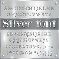 Vector silver coated alphabet letters, digits and punctuation on chrome background
