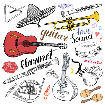 Music Instruments Set. Hand Drawn Sketch, Vector Illustration Isolated.