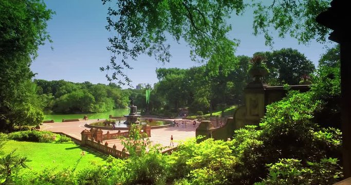 NEW YORK - Circa July, 2016 - A dolly up establishing shot of Bethesda Fountain in Central Park.  	