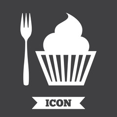 Eat sign icon. Dessert fork with muffin.