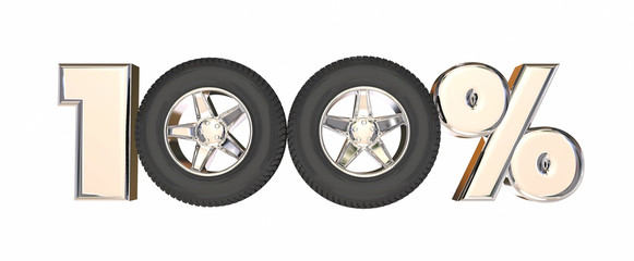100 One Hundred Percent Number Car Wheels 3d Illustration
