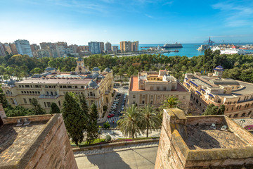 Panoramic view at Alcazaba in Malaga, Andalusia, Spain. The Alcazaba is Malaga's most important landmark, and overlooks the city from a hilltop inland.