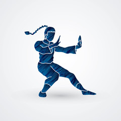 Naklejka premium Kung fu pose, designed using blue grunge brush graphic vector.