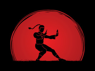 Fototapeta na wymiar Kung fu pose, designed on sunset background graphic vector.