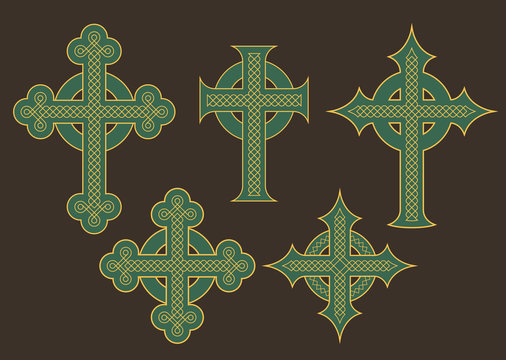 Set of six vector illustrations of crosses with ornate celtic knot ornaments.