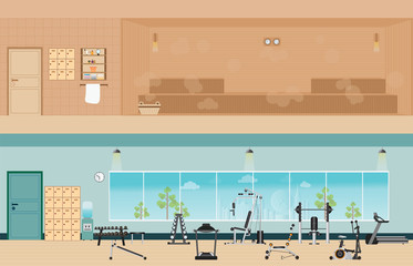 Set of fitness gym interior with equipment and sauna interior.