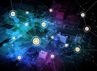 wired schematic symbol icons on electric circuit board, abstract image visual