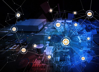 wired schematic symbol icons on electric circuit board, abstract image visual