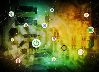 wired icons of various electric component or function and background of electric circuit board, abstract image visual