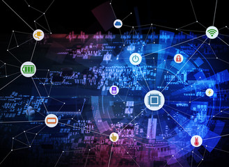 wired icons of various electric component or function and background of electric circuit board,...