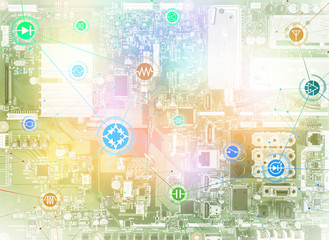 wired schematic symbol icons on electric circuit board, abstract image visual