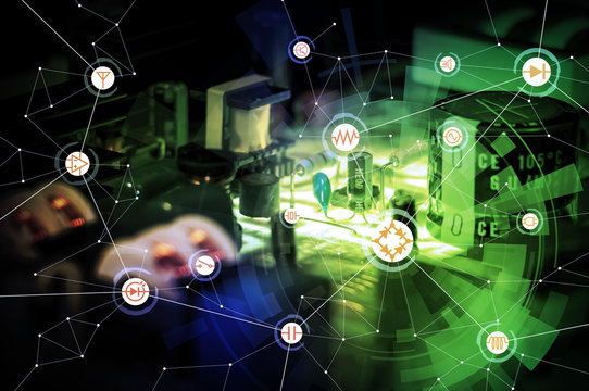 wired schematic symbol icons on electric circuit board, abstract image visual