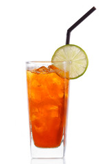 tea cocktail with lemon and ice on a white background