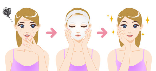 Obraz premium face pack before after, woman skin care, cartoon illustration