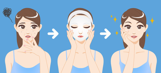 face pack before after, woman skin care, cartoon illustration