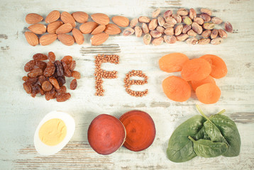 Vintage photo, products containing iron and dietary fiber, healthy nutrition