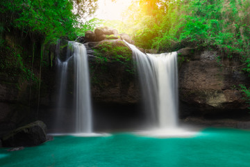 Fototapeta na wymiar Amazing beautiful waterfalls in tropical forest at Haew Suwat Waterfall in Khao Yai National Park, Thailand