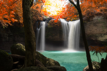 Amazing beautiful waterfalls in autumn forest at Haew Suwat Waterfall in Khao Yai National Park, Thailand