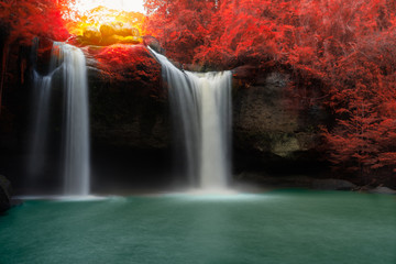 Fototapeta na wymiar Amazing beautiful waterfalls in autumn forest at Haew Suwat Waterfall in Khao Yai National Park, Thailand