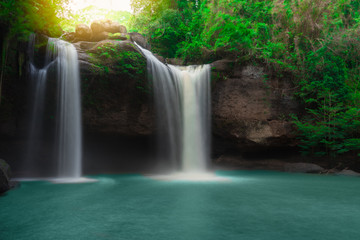 Fototapeta na wymiar Amazing beautiful waterfalls in tropical forest at Haew Suwat Waterfall in Khao Yai National Park, Thailand