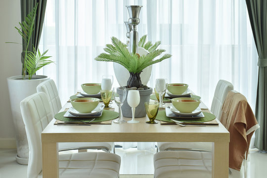Modern ceramic tableware decorated on dining table