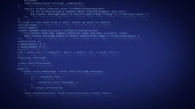 Programming code running down on computer screen
