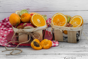 lots of fresh fruit, cut on wooden background, drink, healthy food