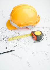 Architects workplace - architectural tools, blueprints, helmet, measuring tape, Construction...