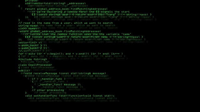 Programming code running down on computer screen
