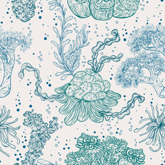 Naklejka premium Collection of marine plants, leaves and seaweed. Vintage seamless pattern with hand drawn marine flora. Vector illustration in line art style.Design for summer beach, decorations.