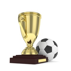 Isolated golden cup with ball on white background. Soccer and football. First place trophy. Game and competition. 3D rendering