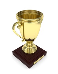 Golden cup on white background. 3D rendering.