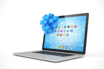 Laptop with blue bow and icons. 3D rendering.
