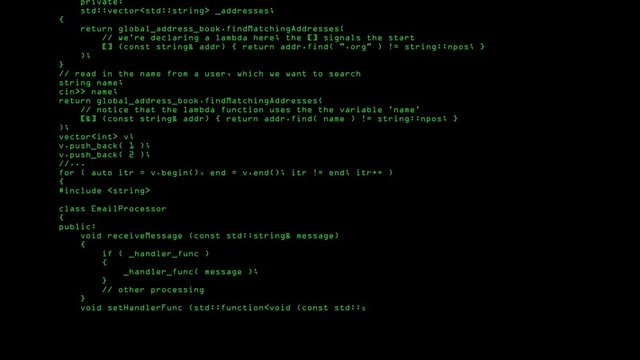 Programming code running down on computer screen

