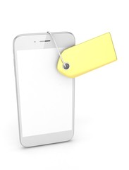 White smart phone with golden price tag on white background. Identification, price, label. Luxury and expensive offer. 3D rendering.